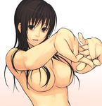  bad_id bad_pixiv_id breasts brown_eyes brown_hair convenient_censoring hair_censor hair_over_breasts hands large_breasts long_hair nude original solo stretch upper_body yuuji_(and) 