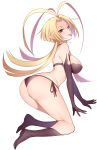 1girl :p areola_slip areolae ass blonde_hair boots breasts elbow_gloves female gloves highres kippuru large_breasts leannan_sidhe long_hair looking_at_viewer mahou_tsukai_no_yome pointy_ears red_eyes smile solo tongue tongue_out 