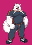  2018 5_fingers alternate_version_at_source anthro biceps blue_eyes bulge canid canine canis clothed clothing domestic_dog front_view fully_clothed fur godan_(istani) istani looking_at_viewer male mammal muscular muscular_male one_eye_closed open_mouth pecs pink_background samoyed simple_background solo standing white_fur 