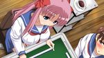  blue_eyes blush board_game bow breasts brown_hair hair_bow haramura_nodoka large_breasts long_hair mahjong miyanaga_saki multiple_girls parody pink_hair ribbon saki sanshita school_uniform short_hair skirt staring twintails 