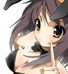  animal_ears blush body_blush bow bowtie breasts brown_hair bunny_ears bunny_girl bunnysuit cleavage foreshortening large_breasts maskman pointing purple_hair simple_background solo suzumiya_haruhi suzumiya_haruhi_no_yuuutsu yellow_eyes 