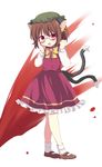  animal_ears bad_id bad_pixiv_id bespectacled blood brown_hair cat_ears cat_tail chen earrings glasses hat jewelry matsusaka_gyuu multiple_tails nosebleed red-framed_eyewear red_eyes short_hair solo tail touhou 