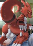  2019 anthro anus balls bedroom butt detailed_background digimon digimon_(species) guilmon looking_back male nude nukochi penis raised_tail rear_view scalie solo tears 
