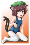 animal_ears brown_eyes brown_hair cat_ears chen earrings fang hat jewelry neopure one-piece_swimsuit one_eye_closed open_mouth school_swimsuit sitting smile solo swimsuit tail thighhighs thighs touhou white_legwear 