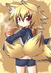  animal_ears ass blonde_hair boned_meat butt_crack food fox_ears fox_tail looking_back meat multiple_tails open_clothes open_shirt original red_eyes reku sanbi_(reku) shirt solo tail 