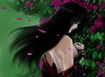  back bare_back black_hair breasts green_eyes highres jian_huang long_hair medium_breasts petals setsuko_ohara sideboob solo super_robot_wars super_robot_wars_z undressing uniform wind 