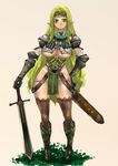  amagi_michihito armor boots breasts copyright_request elf green_hair large_breasts long_hair pointy_ears solo sword thighhighs underboob weapon wide_hips 