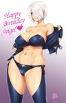  1girl abs angel_(kof) birthday bra breasts chaps cleavage cropped_jacket dated fingerless_gloves gloves gradient gradient_background hair_over_one_eye highres jacket large_breasts leather midriff navel panties signature silver_hair snk solo st.germain-sal strapless strapless_bra the_king_of_fighters toned underwear white_hair 
