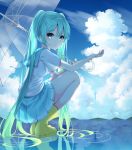  1girl aqua_eyes aqua_hair aqua_neckwear aqua_skirt blush boots closed_mouth cloud cloudy_sky day from_side full_body hatsune_miku holding holding_umbrella inhoya2000 light_smile long_hair looking_at_viewer looking_to_the_side miniskirt mountainous_horizon outdoors outstretched_hand pleated_skirt ripples rubber_boots school_uniform serafuku shirt short_sleeves skirt sky solo squatting transparent transparent_umbrella twintails umbrella very_long_hair vocaloid water white_shirt yellow_footwear 