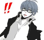  1boy glasses grey_eyes grey_hair jacket male_focus narukami_yuu open_mouth persona persona_4 school_uniform silver_eyes silver_hair solo surprised yasogami_school_uniform 