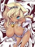  ;p animal_ears bell bell_collar bent_over blonde_hair blue_eyes breasts cat_ears collar copyright_request dark_skin elbow_gloves fang gloves hairband kei_jiei large_breasts long_hair one_eye_closed solo tail tan tongue tongue_out 