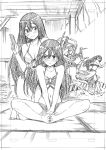  2girls absurdres akashi_(kantai_collection) blush chikuma_(kantai_collection) full-face_blush greyscale hair_down highres kantai_collection kojima_takeshi looking_at_viewer monochrome multiple_girls ooyodo_(kantai_collection) power_loader swimsuit tone_(kantai_collection) traditional_media 