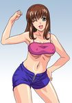  armpits bare_shoulders blue_eyes breasts brown_hair covered_nipples dead_or_alive hairband hitomi_(doa) large_breasts long_hair midriff one_eye_closed oppai_oppai rudoni shorts solo underboob 