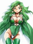  blush breasts cleavage earrings final_fantasy final_fantasy_iv green_eyes green_hair green_leotard hekeniko jewelry large_breasts leotard long_hair older rydia solo thighhighs 