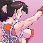  back breasts brown_hair cleavage fatal_fury japanese_clothes large_breasts lowres matagitii muscle ponytail shiranui_mai sideboob solo the_king_of_fighters 