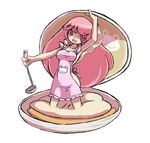  apron artist_request character_request ladle long_hair monster_girl naked_apron open_mouth pink_eyes pink_hair simple_background smile source_request very_long_hair 
