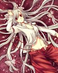  bad_anatomy fujiwara_no_mokou fundoshi hair_ribbon japanese_clothes long_hair lying munya petals red_eyes ribbon silver_hair solo touhou 