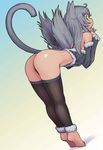  1girl animal_ears ass barefoot bent_over black_thighhighs bottomless cat_ears detached_sleeves duplicate feet grey_hair grey_tail jpeg_artifacts kei_jiei looking_back original photoshop_(medium) solo tail thighhighs tiptoes wings yellow_eyes 