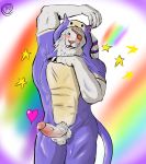  2019 anthro athletic balls barazoku biceps blush clothed clothing costume digital_drawing_(artwork) digital_media_(artwork) erection eye_patch eyewear felid fur humanoid_penis kemono kigurumi kirlanlion league_of_legends lion looking_at_viewer male mammal muscular muscular_male open_mouth pantherine penis rengar_(lol) riot_games simple_background smile solo standing teeth video_games white_fur 