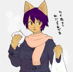  animal_ears bag blush cat_ears coat food furry kemonon purple_hair ricosye scarf yellow_eyes 