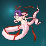  aqua_background breasts hand_on_hip hand_on_own_chest large_breasts light_smile long_tail looking_at_viewer mermaid monster_girl monsterification nagae_iku nipples nude oarfish purple_hair red_eyes ribbon shawl short_hair solo supon tail touhou 