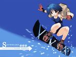  amazuyu_tatsuki blue_hair breasts copyright_request gloves medium_breasts motion_blur one-piece_swimsuit short_hair smile snowboard solo swimsuit 
