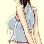  arms_behind_back bare_shoulders black_hair breasts from_behind head_out_of_frame large_breasts magaki_ryouta original see-through shirt short_hair solo 