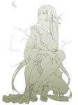  1girl breasts convenient_leg dress feet frilled_thighhighs frills kyo_(kuroichigo) long_hair long_pointy_ears looking_back medium_breasts monochrome nipples no_bra off_shoulder open_clothes open_mouth open_robe original pointy_ears ponytail robe sandals simple_background solo squatting thighhighs tiptoes toe-point very_long_hair 