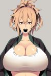  1girl blonde_hair breasts camui_kamui cleavage huge_breasts jacket open_clothes open_jacket open_mouth original ponytail red_eyes solo tank_top 