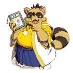  2019 anthro belly brown_fur canid canine clothing cute_fangs fur gokrakstyle green_eyes humanoid_hands male mammal overweight overweight_male raccoon_dog robe sengoku_puzzle simple_background solo tanuki tokugawa_ieyasu white_background 
