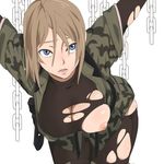  bad_id bad_pixiv_id blue_eyes breasts brown_hair camouflage chain copyright_request face large_breasts mineji nipple_slip nipples restrained short_hair solo spandex torn_clothes 
