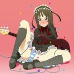  akiyama_mio bass_guitar black_hair blue_eyes blush confetti dress fuwafuwa_time hairband instrument k-on! kneehighs long_hair majoora panties pantyshot socks solo spread_legs striped striped_panties tears underwear 