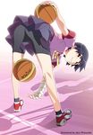  ass bakemonogatari basketball bent_over bike_shorts blue_hair kanbaru_suruga kneepits monogatari_(series) official_art ribbon school_uniform shoes short_hair sneakers solo tomboy watanabe_akio 