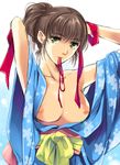  adjusting_hair bad_id bad_pixiv_id breasts brown_hair copyright_request flieger green_eyes japanese_clothes kimono large_breasts mouth_hold nipples ribbon solo undressing 