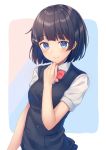  1girl alternate_hairstyle black_hair blue_eyes blush breasts buttons cardigan closed_mouth commentary hair_ornament hairclip kawami_nami looking_at_viewer nijisanji pink_neckwear pocket school_uniform short_hair short_sleeves simple_background smile solo tsukino_mito upper_body virtual_youtuber 