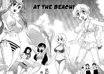  5girls 6+boys beach bikini character_request frilled_bikini frills greyscale guren_gakuenhen kamina kinon kittan kiyal kiyoh monochrome multiple_boys multiple_girls nia_teppelin polka_dot polka_dot_bikini side-tie_bikini simon striped striped_bikini swimsuit tengen_toppa_gurren_lagann yoko_littner 