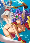  armor ass bent_over bikini_armor blue_eyes blue_hair breasts cape circlet cleavage dragon_quest dragon_quest_iii frown gloves grey_eyes helmet large_breasts magic multiple_girls nekoguchi panties pantyshot pinky_out purple_hair red_armor sage_(dq3) shield soldier_(dq3) staff sword thong underwear upskirt weapon 