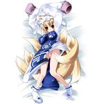  animal_ears blonde_hair breasts covered_nipples fox_tail hat itotin large_breasts lying multiple_tails panties short_hair solo tail touhou underwear yakumo_ran 