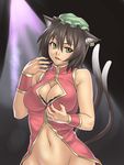  animal_ears black_hair bottomless bra breasts cat_ears cat_tail chen cleavage cleavage_cutout earrings fingernails green_eyes hat houtengeki jewelry large_breasts lingerie multiple_tails nail_polish navel nekomata no_panties older out-of-frame_censoring pink_nails solo tail touhou underwear 