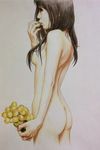  ass ayukko_(forest_village) back breasts brown_eyes brown_hair copyright_request eating fingernails food fruit grapes hair_over_breasts hands holding holding_food holding_fruit long_hair medium_breasts nail_polish nude realistic sideboob solo traditional_media 