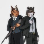  2019 anthro blue_eyes canid canine canis clothed clothing cordite_wolf digital_media_(artwork) fully_clothed gun handgun male mammal maned_wolf manedwolf pistol pure-eyes rakan ranged_weapon shotgun trenchcoat weapon were werecanid werecanine werewolf wolf 