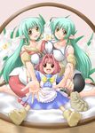  barefoot breast_press breasts bunny earrings elf flower foreshortening green_hair hands highres jewelry kneeling large_breasts long_hair mimimi_(ukagaka) multiple_girls pointy_ears red_hair riel_rezent short_hair siblings sofy_rezent twins ukagaka yaso_shigeru yellow_eyes 