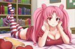  1girl :q alternate_costume bangs bare_shoulders bed bishoujo_senshi_sailor_moon blush book bookshelf breasts casual chibi_usa cleavage commentary commission double_bun english_commentary eyebrows_visible_through_hair full_body hands_up heart heart_pillow highres indoors kazenokaze large_breasts legs_up long_hair looking_at_viewer lying no_pants no_shoes off-shoulder_shirt off_shoulder older on_stomach pillow pink_hair red_eyes red_legwear red_shirt shirt short_sleeves skindentation smile solo striped striped_legwear t-shirt thighhighs thighs tongue tongue_out twintails white_legwear 