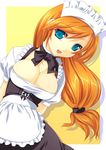  apron blue_eyes bow bowtie breasts cleavage copyright_request face highres jpeg_artifacts kinoshita_ichi large_breasts long_hair maid maid_headdress orange_hair simple_background smile solo waist_apron 