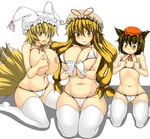  animal_ears bikini blonde_hair blush breast_envy breasts brown_hair chen choker curvy earrings flat_chest gloves hat huge_breasts jewelry long_hair micro_bikini multiple_girls navel nira open_mouth ribbon ribbon_choker short_hair swimsuit tail thighhighs touhou white_gloves white_legwear yakumo_ran yakumo_yukari yellow_eyes 