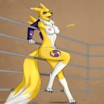  2018 anthro black_sclera blue_eyes breasts chest_tuft claws clothing digimon digimon_(species) female fur gloves juiceps mostly_nude nipples open_mouth renamon solo toe_claws tuft yellow_fur yellow_tail 