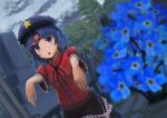  1girl arms_up bangs black_skirt blue_eyes blue_hair blue_hat blurry breasts bright_pupils chinese_clothes cloud commentary_request crying crying_with_eyes_open day depth_of_field dutch_angle eyebrows_visible_through_hair flat_cap flower graveyard hat highres looking_at_viewer luke_(kyeftss) miyako_yoshika ofuda open_mouth outdoors outstretched_arms overcast parted_bangs red_shirt shirt short_hair short_sleeves skirt small_breasts solo standing star streaming_tears tears tombstone touhou tree upper_body upper_teeth white_pupils zombie_pose 