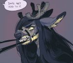  angry antlers bit_gag black_nose capreoline cervid clothed clothing dialogue female fur gag hair horn hybrid long_hair mammal murkbone offscreen_character reindeer simple_background snarling speech_bubble sweat teeth text yellow_eyes 