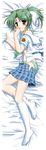  blush bow bow_panties brown_eyes dakimakura fana feet full_body green_hair green_panties highres long_hair lying on_side panties plaid plaid_skirt ponytail school_uniform skirt socks solo striped striped_panties tooyama_midori underwear yoake_mae_yori_ruri_iro_na 