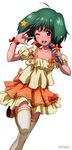  \m/ absurdres blush green_hair highres macross macross_frontier microphone nail_polish official_art open_mouth orange_eyes orange_nails ranka_lee ribbon seikan_hikou skirt socks solo star takahashi_takashi 